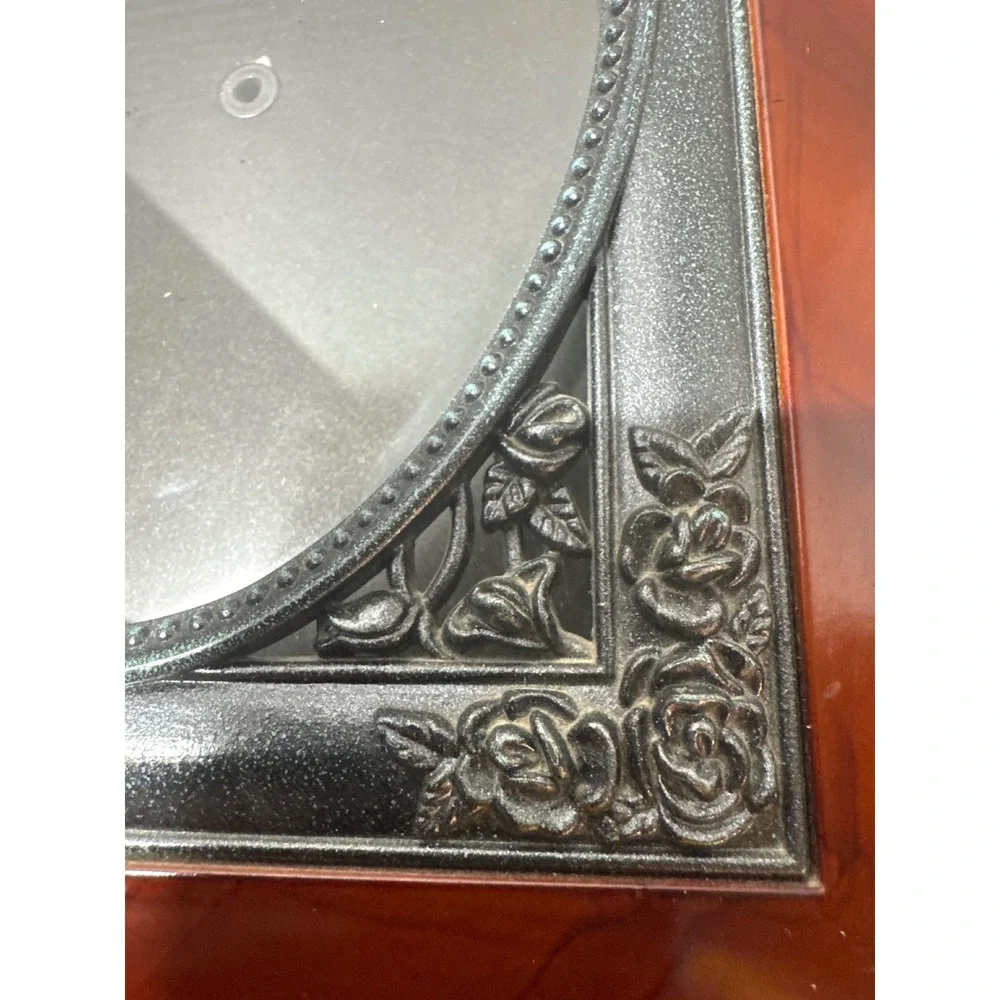 Vintage Faux Wood and Silver Rose Oval Picture Frame 8.5x6.5 Brown Silver